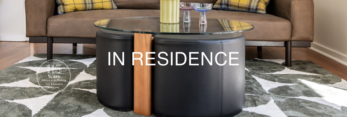 In Residence at Anna’s Goodwood home featuring the TH Brown Rondo Pouffé Table Suite, styled in a warm mid-century Australian living room with heritage design details.