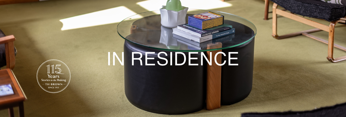 TH Brown Rondo Pouffe Set in Justine and Bryan’s mid-century Eden Hills living room, styled with vintage furniture and art.