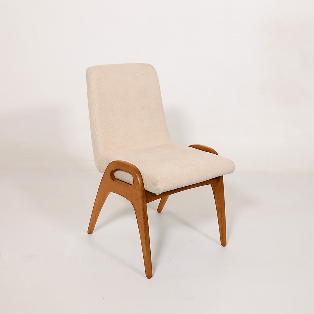 TH Brown Rex Chair in Pearl fabric with Teak Ash frame, showcasing soft neutral tones, rich timber character and timeless Australian design.
