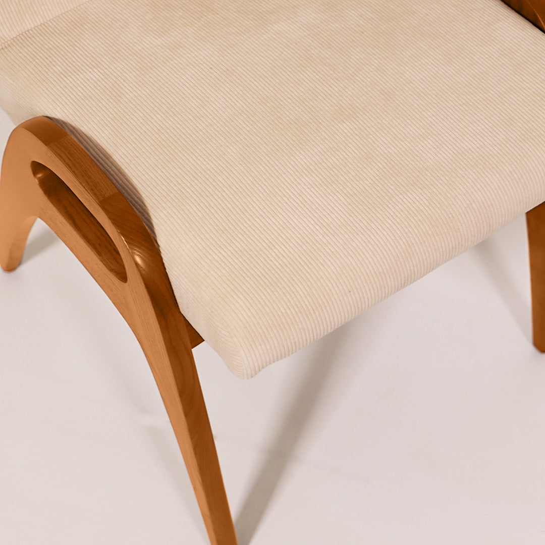 TH Brown Rex Chair in Pearl fabric with Teak Ash frame, showcasing soft neutral tones, rich timber character and timeless Australian design.