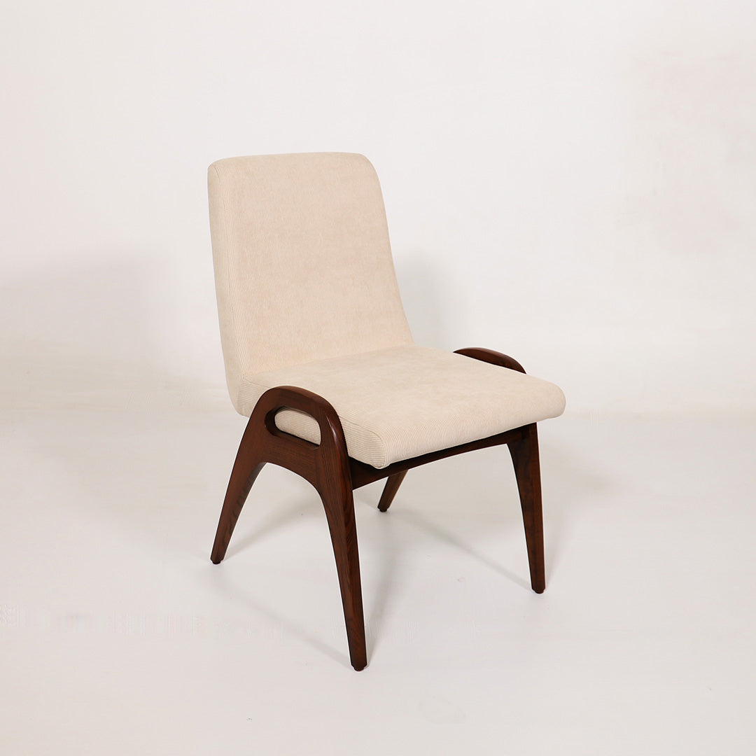 TH Brown Rex Chair in Pearl fabric with Dark Ash frame, showcasing soft neutral tones, rich timber character and timeless Australian design.