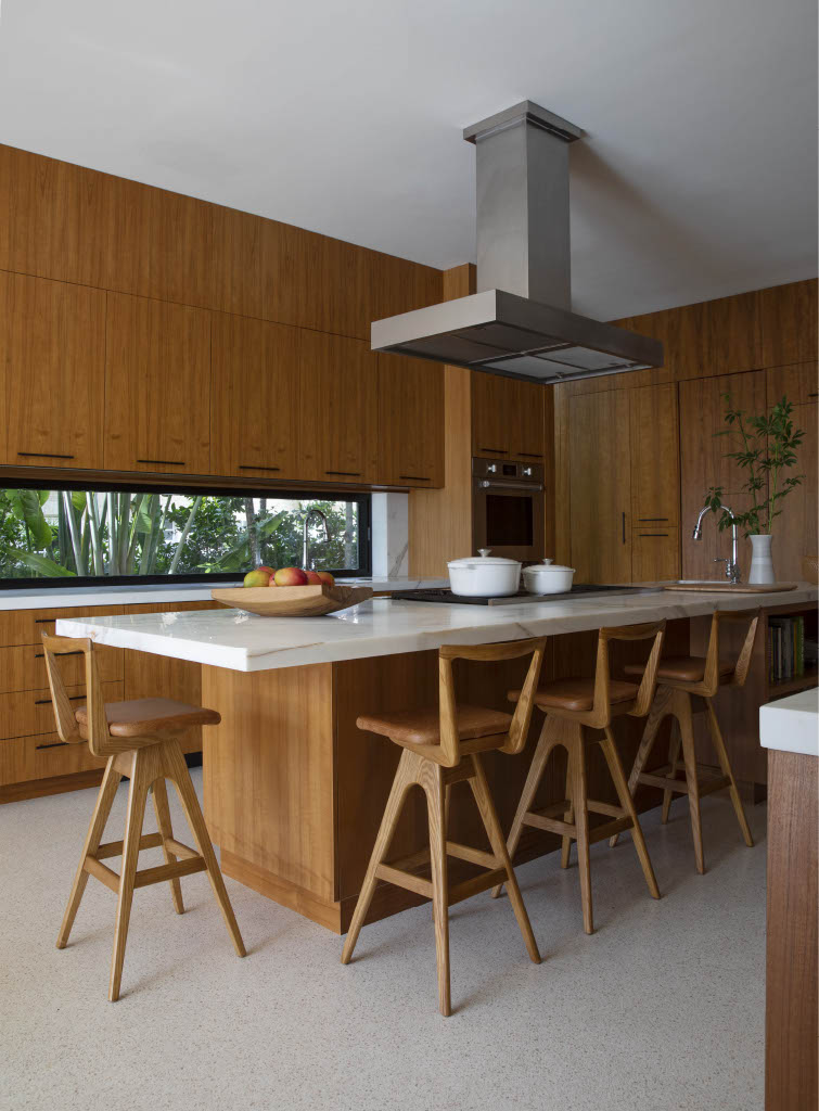TH Brown Danish Bar Stools in timber around a kitchen island, handcrafted Australian furniture made in Adelaide