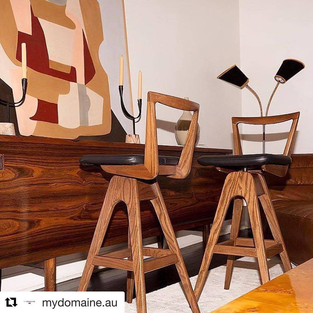 TH Brown Danish Bar Stools in timber with black upholstery in a mid-century inspired interior, iconic Australian furniture handcrafted in Adelaide.