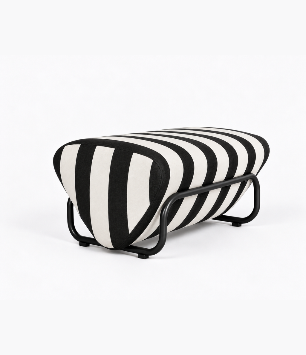 TH Brown Outdoor Trend Footstool in Sunbrella Cabana Classic Black frame, a statement outdoor piece for relaxed lounging and modern Australian living.