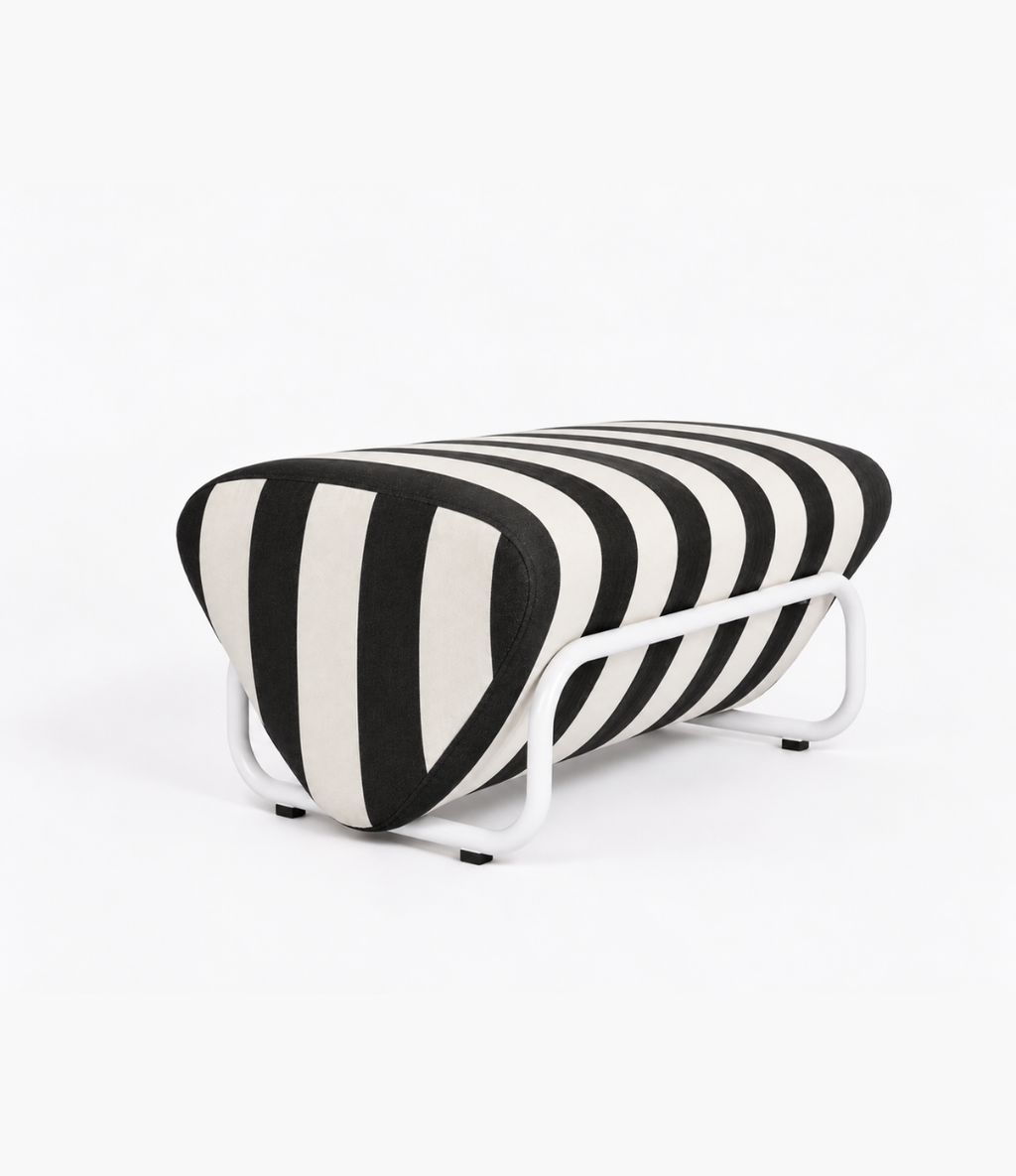 TH Brown Outdoor Trend Footstool in Sunbrella Cabana Classic White frame, a statement outdoor piece for relaxed lounging and modern Australian living.