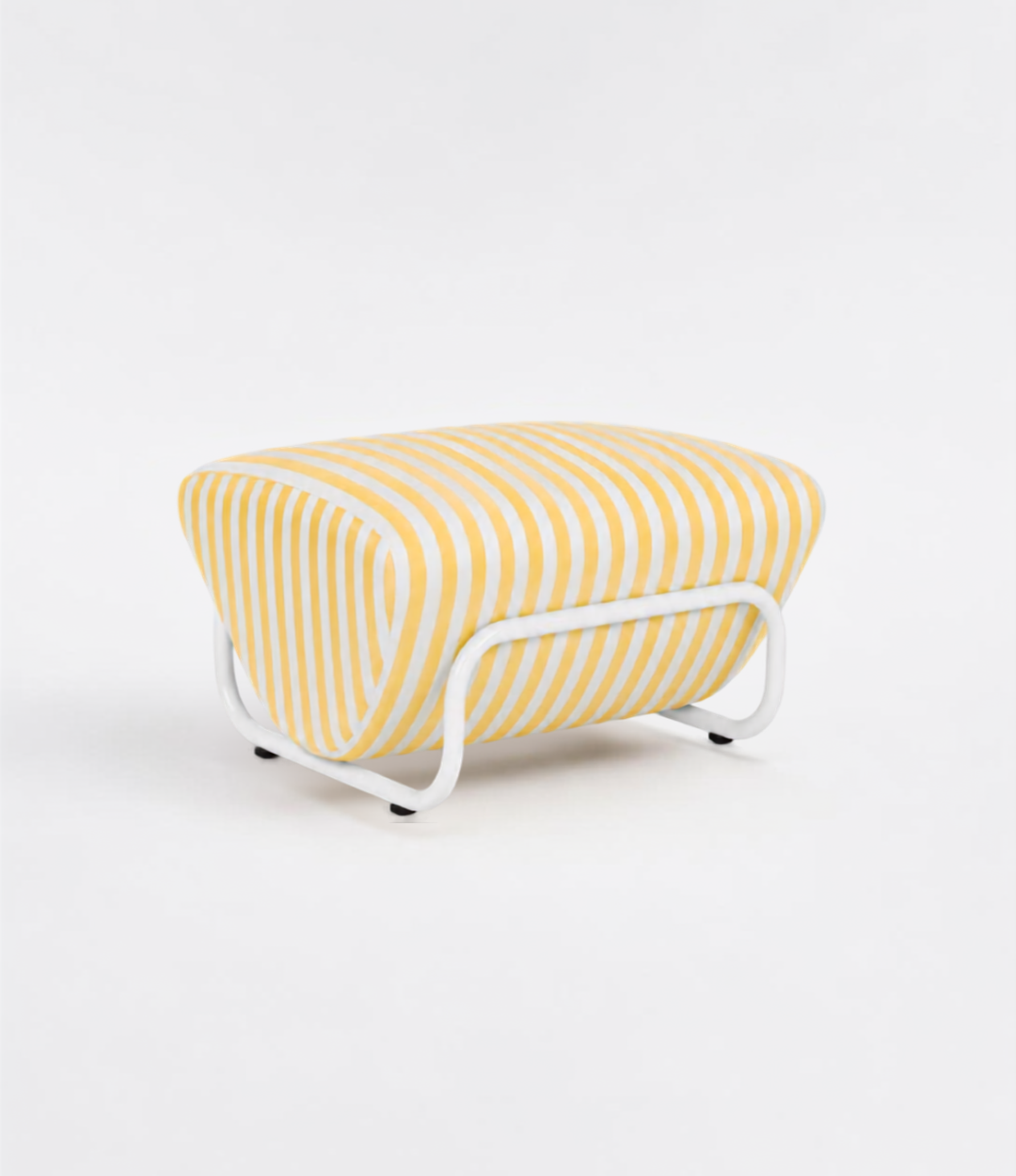 TH Brown Outdoor Trend Footstool in Sunbrella Sail Away Sunflower stripes with a white tubular frame for modern Australian homes.