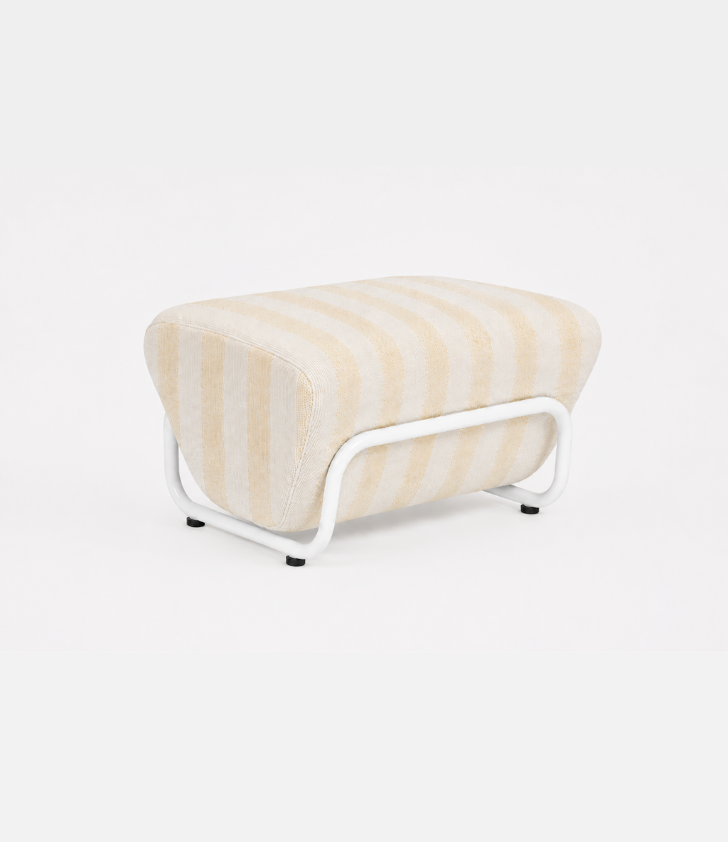 TH Brown Outdoor Trend Footstool in Warwick Serengeti Beach striped fabric, featuring a sculptural white tubular frame for stylish modern Australian homes.
