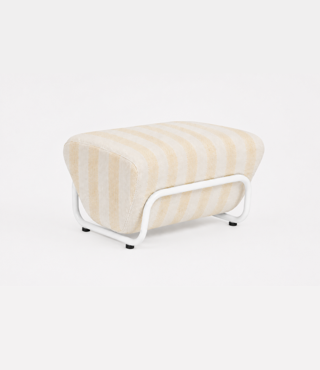 TH Brown Outdoor Trend Footstool in Warwick Serengeti Beach striped fabric, featuring a sculptural white tubular frame for stylish modern Australian homes.