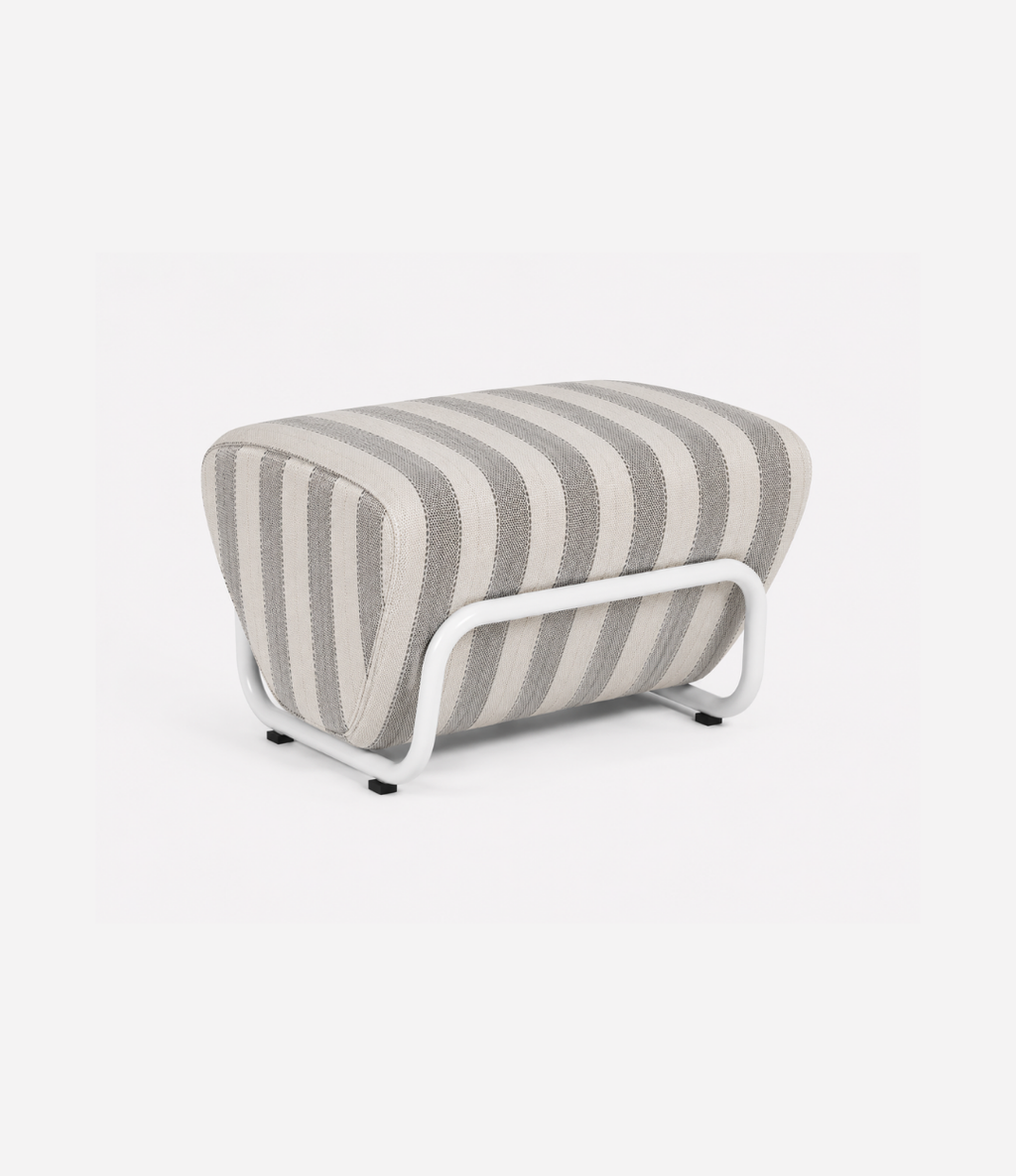 TH Brown Outdoor Trend Footstool in Warwick Serengeti Gull striped fabric, featuring a sculptural white tubular frame for stylish modern Australian homes.