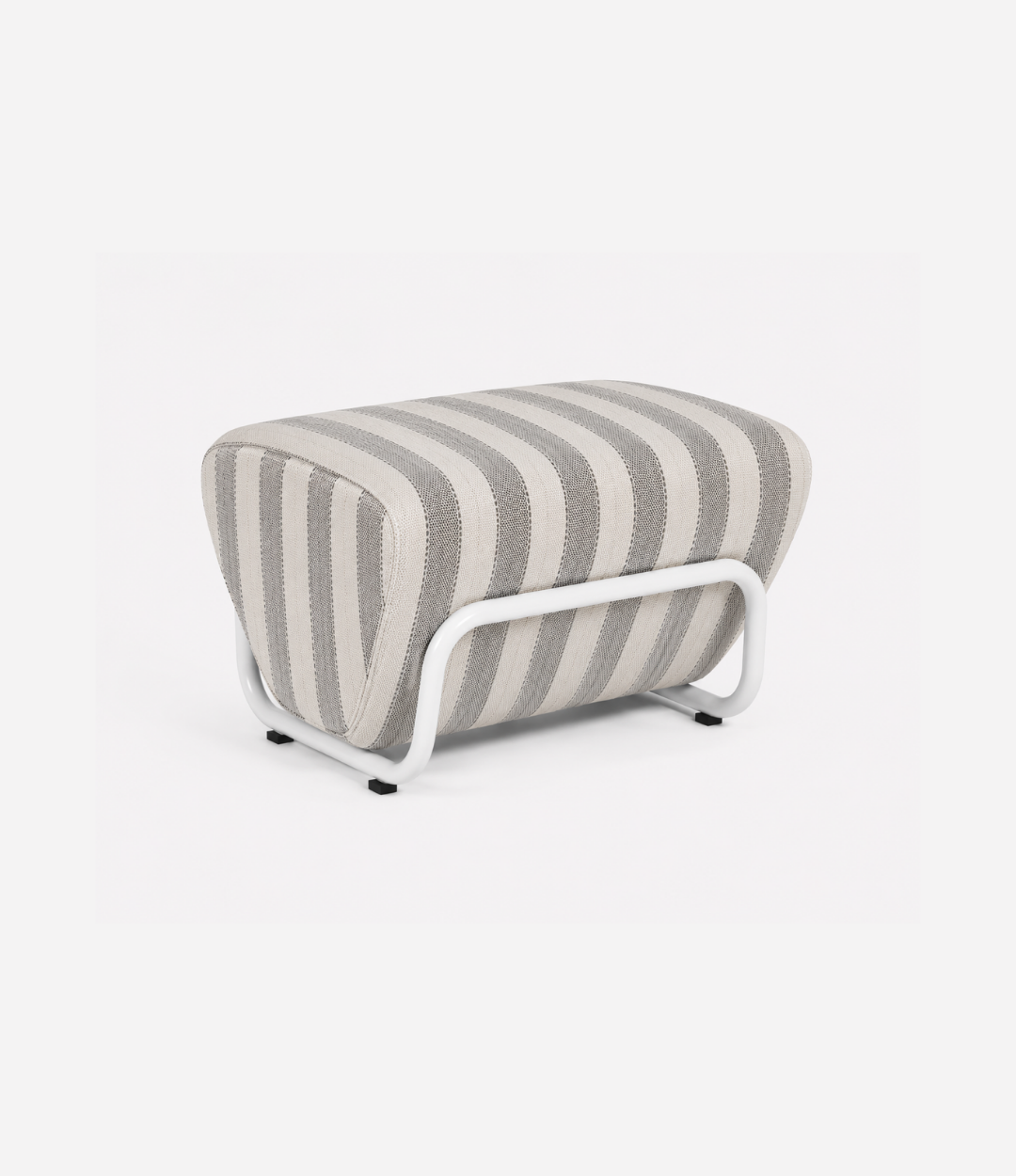 TH Brown Outdoor Trend Footstool in Warwick Serengeti Gull striped fabric, featuring a sculptural white tubular frame for stylish modern Australian homes.