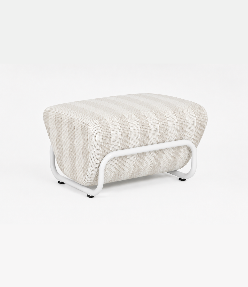 TH Brown Outdoor Trend Footstool in Warwick Serengeti Sand striped fabric, featuring a sculptural white tubular frame for stylish modern Australian homes.