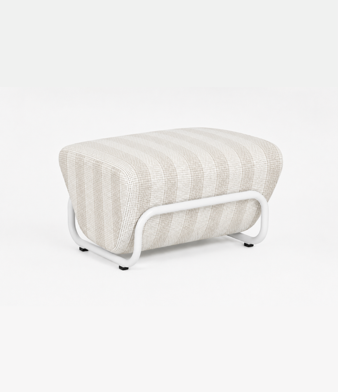 TH Brown Outdoor Trend Footstool in Warwick Serengeti Sand striped fabric, featuring a sculptural white tubular frame for stylish modern Australian homes.