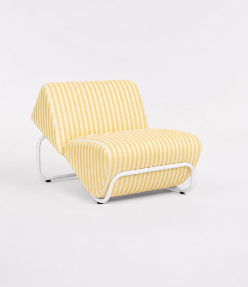 TH Brown Outdoor Trend Module Lounge in Sunbrella Sail Away Sunflower stripes with white frames for modern Australian homes.