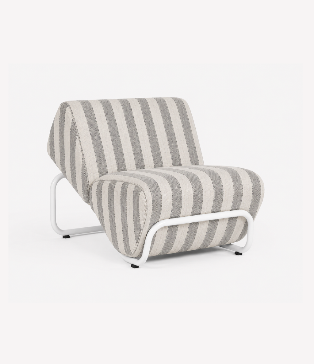 TH Brown Outdoor Trend Module Lounge in Warwick Serengeti Gull stripes with a sculptural white frame for modern Australian homes.