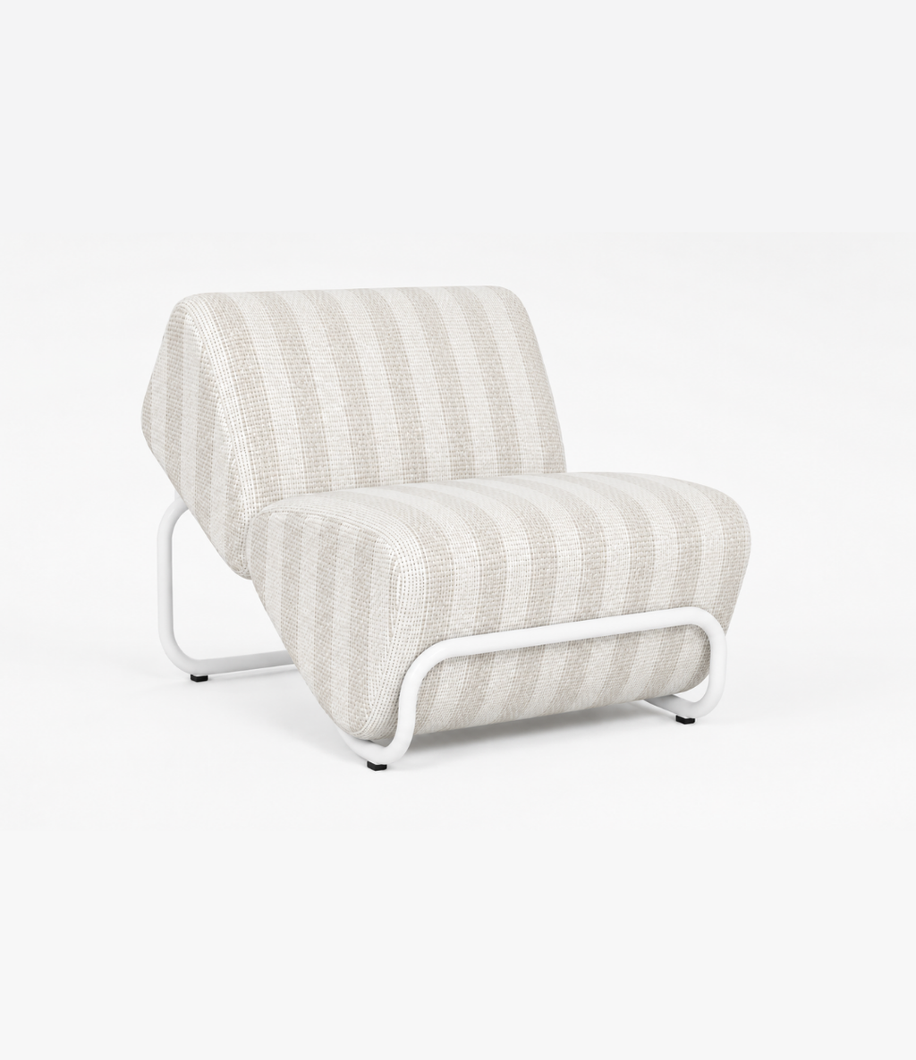 TH Brown Outdoor Trend Module Lounge in Warwick Serengeti Sand stripes with a sculptural white frame for modern Australian homes.