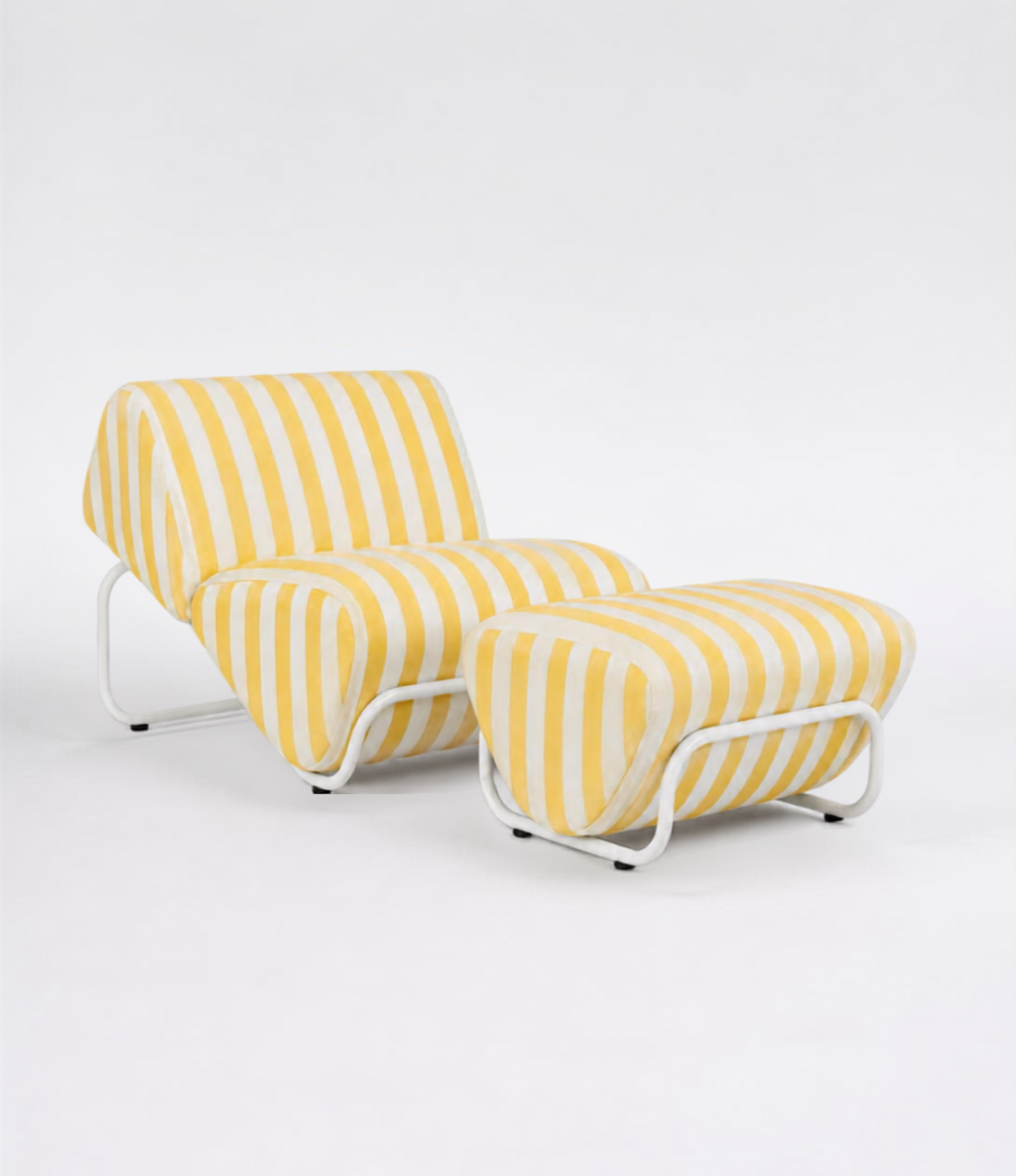 TH Brown Outdoor Trend Module Lounge and Footstool in Sunbrella Sail Away Sunflower stripes with white tubular frames for modern Australian homes.