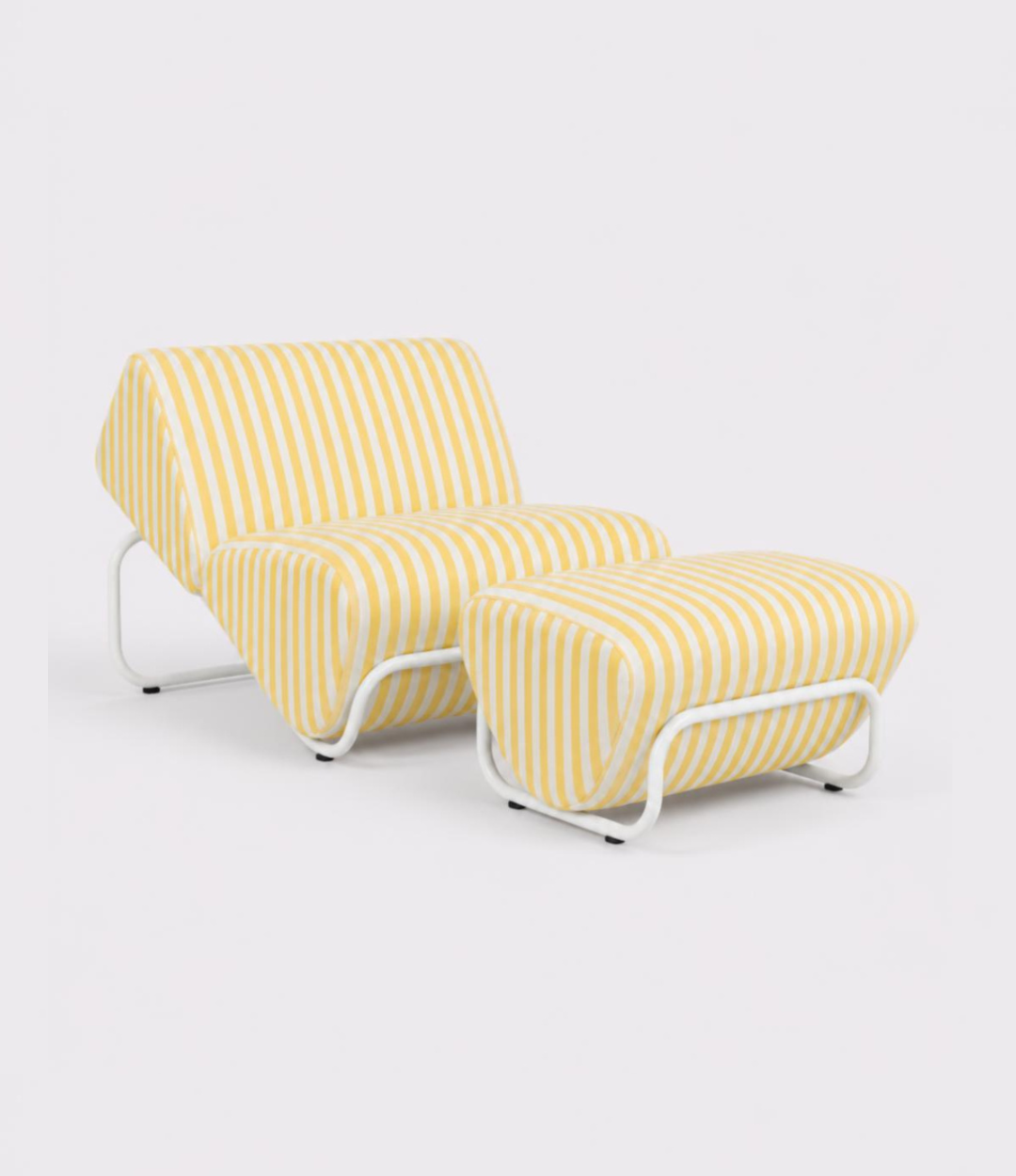 TH Brown Outdoor Trend Module Lounge and Footstool in Sunbrella Sail Away Sunflower stripes with white tubular frames for modern Australian homes.