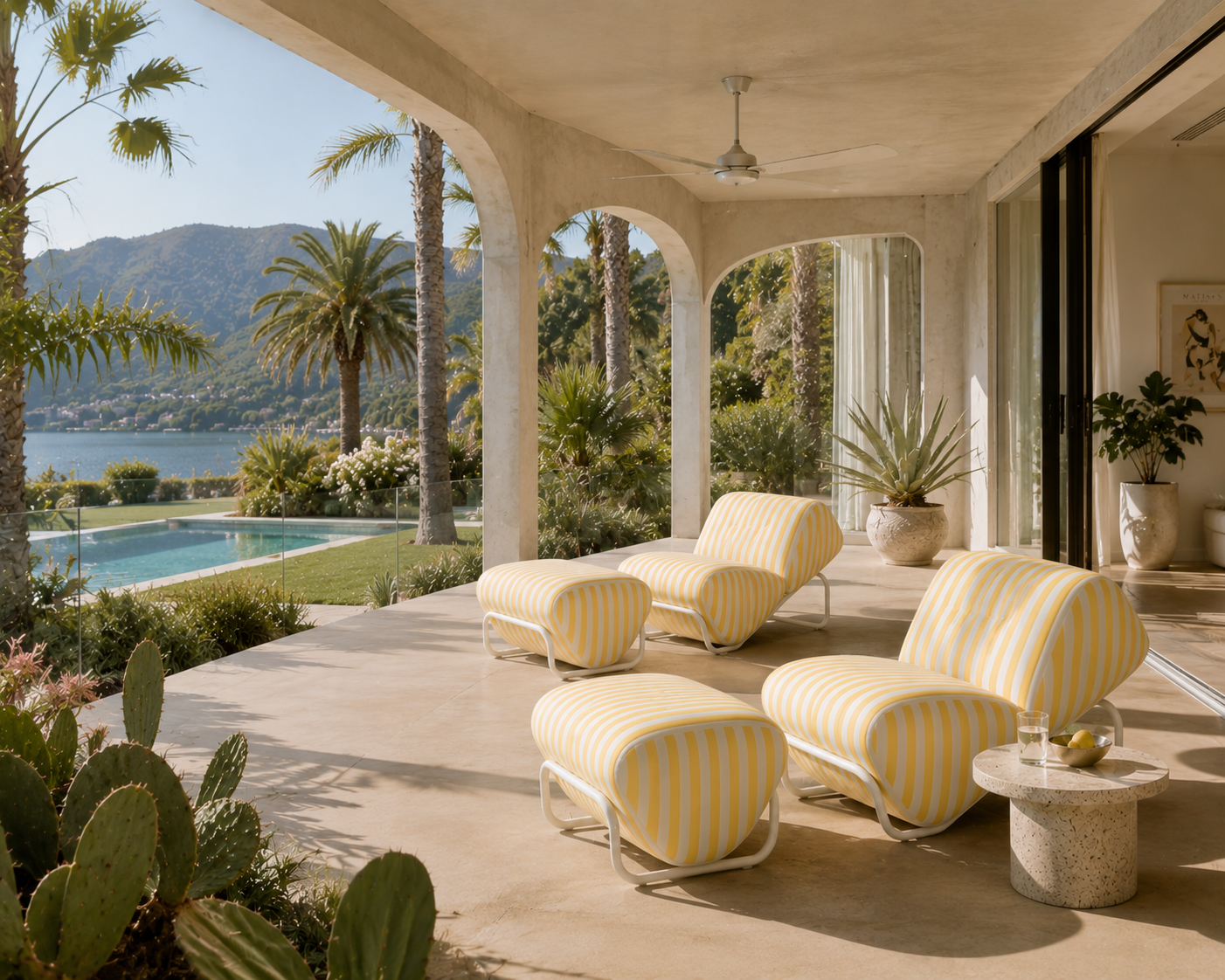 TH Brown Outdoor Trend Lounge and Footstool in Sunflower stripes, bringing relaxed Australian style to outdoor living and entertaining