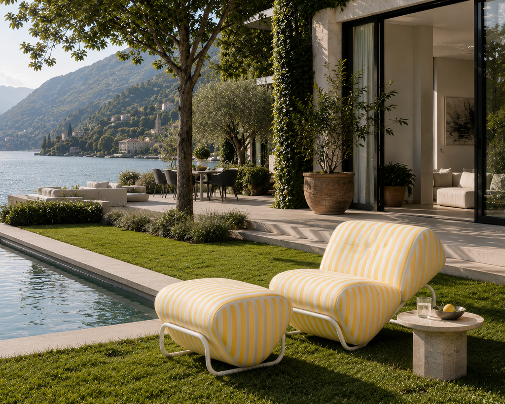 TH Brown Outdoor Trend Lounge and Footstool in Sunflower stripes, made for sun-soaked days, relaxed entertaining and stylish Australian living.