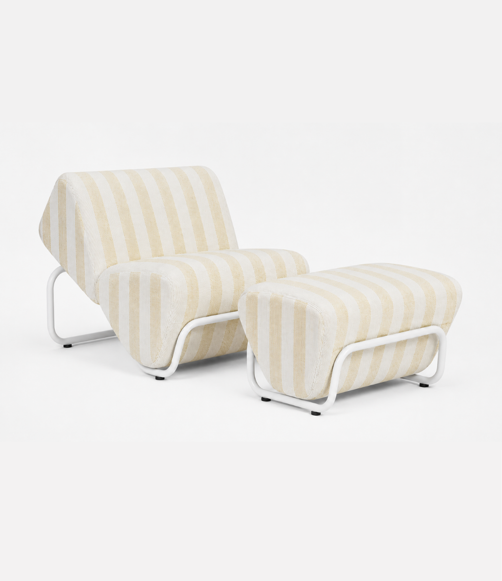 TH Brown Outdoor Trend Lounge and Footstool in Warwick Serengeti Beach stripes with white tubular frames for modern Australian homes.