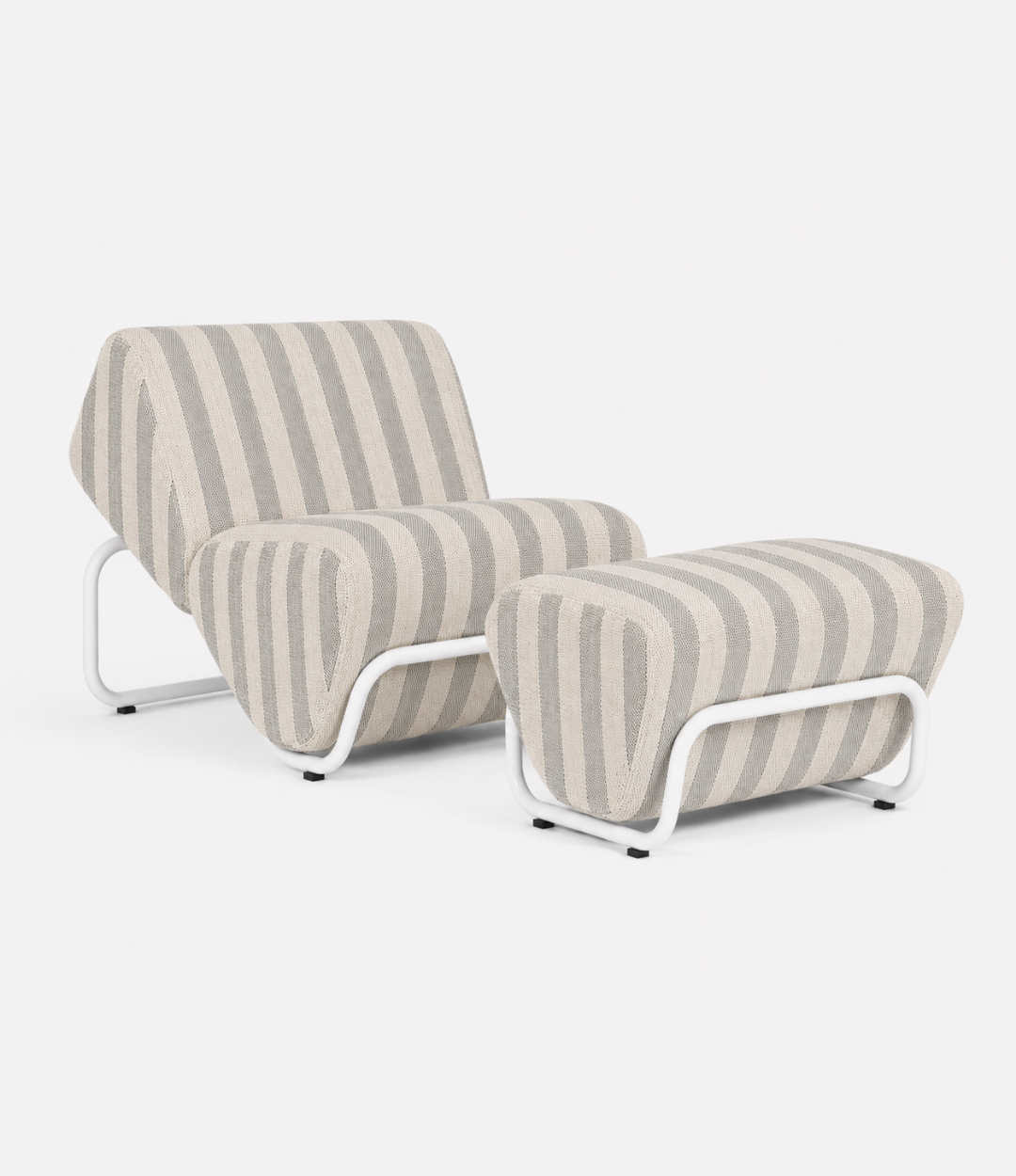 TH Brown Outdoor Trend Lounge and Footstool in Warwick Serengeti Gull stripes with white tubular frames for modern Australian homes.