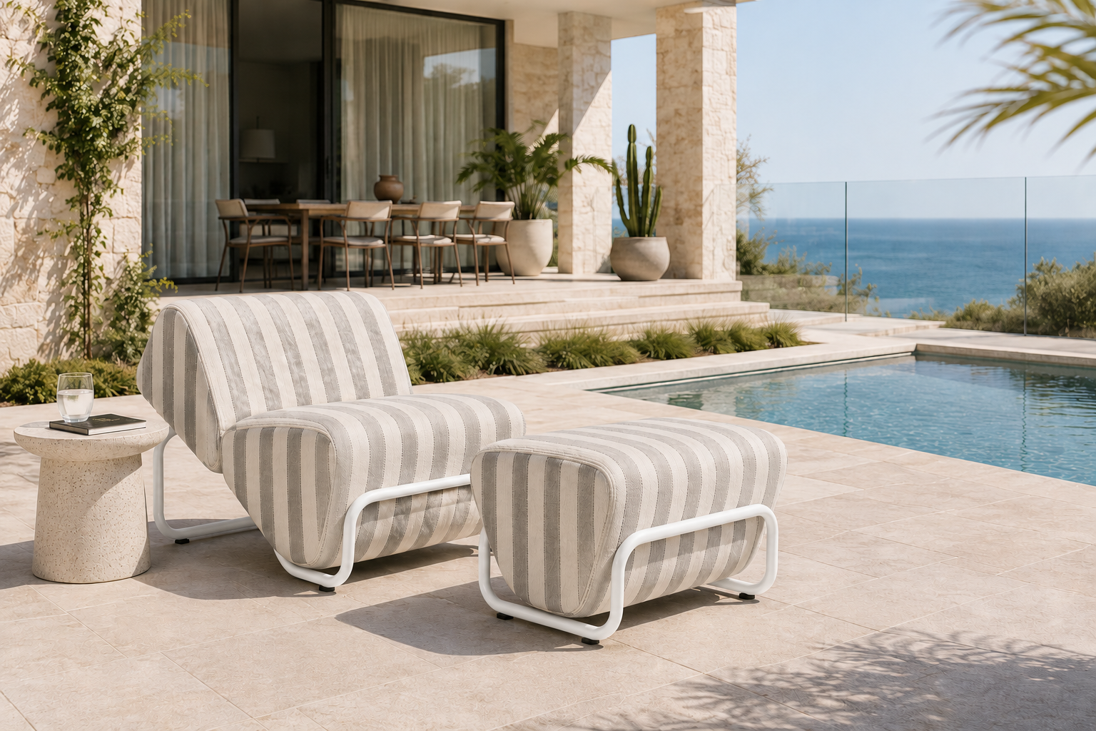 TH Brown Outdoor Trend Lounge and Footstool in Serengeti Gull, designed for relaxed entertaining and contemporary Australian outdoor living.