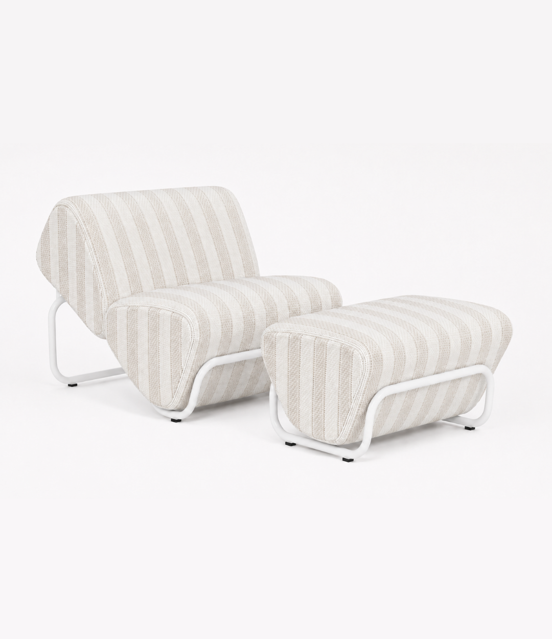 TH Brown Outdoor Trend Lounge and Footstool in Warwick Serengeti Sand stripes with white tubular frames for modern Australian homes.