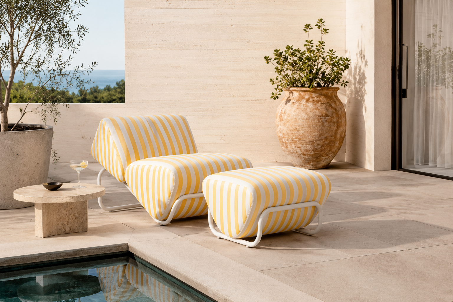 TH Brown Outdoor Trend Lounge and Footstool in Sunflower stripes, bringing relaxed Australian style to outdoor living and entertaining.