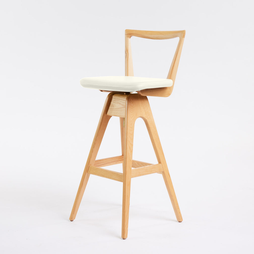 TH Brown Danish Bar Stool in Clear Ash with Arctic White upholstery, handcrafted Australian furniture made in Adelaide