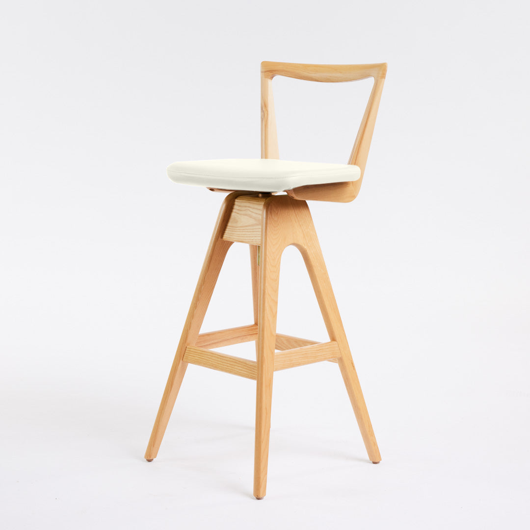 TH Brown Danish Bar Stool in Clear Ash with Arctic White upholstery, handcrafted Australian furniture made in Adelaide