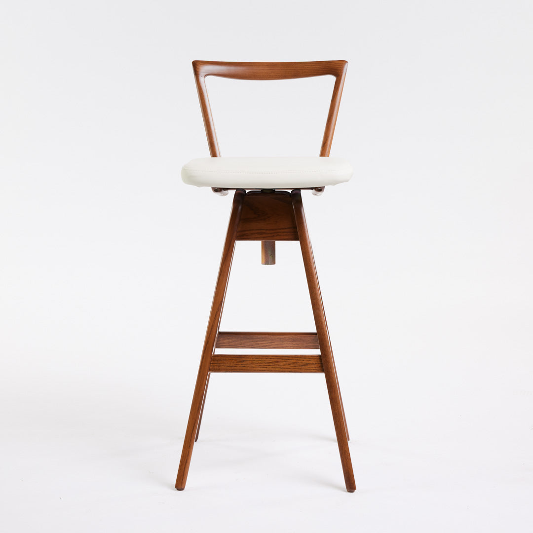 TH Brown Danish Bar Stool in Dark Ash with white leather upholstery, iconic Australian mid-century modern furniture handcrafted in Adelaide