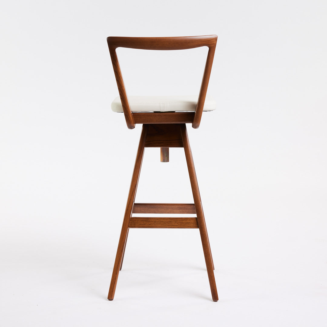 TH Brown Danish Bar Stool in Dark Ash with white leather upholstery, iconic Australian mid-century modern furniture handcrafted in Adelaide