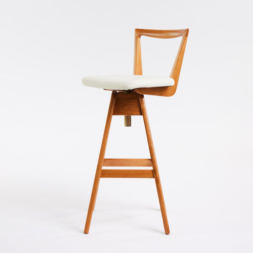 TH Brown Danish Bar Stool in Light Ash with Arctic White upholstery, handcrafted Australian furniture made in Adelaide.