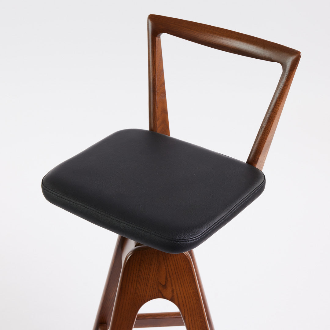 TH Brown Danish Bar Stool in Dark Ash with black leather upholstery, iconic Australian mid-century modern furniture handcrafted in Adelaide