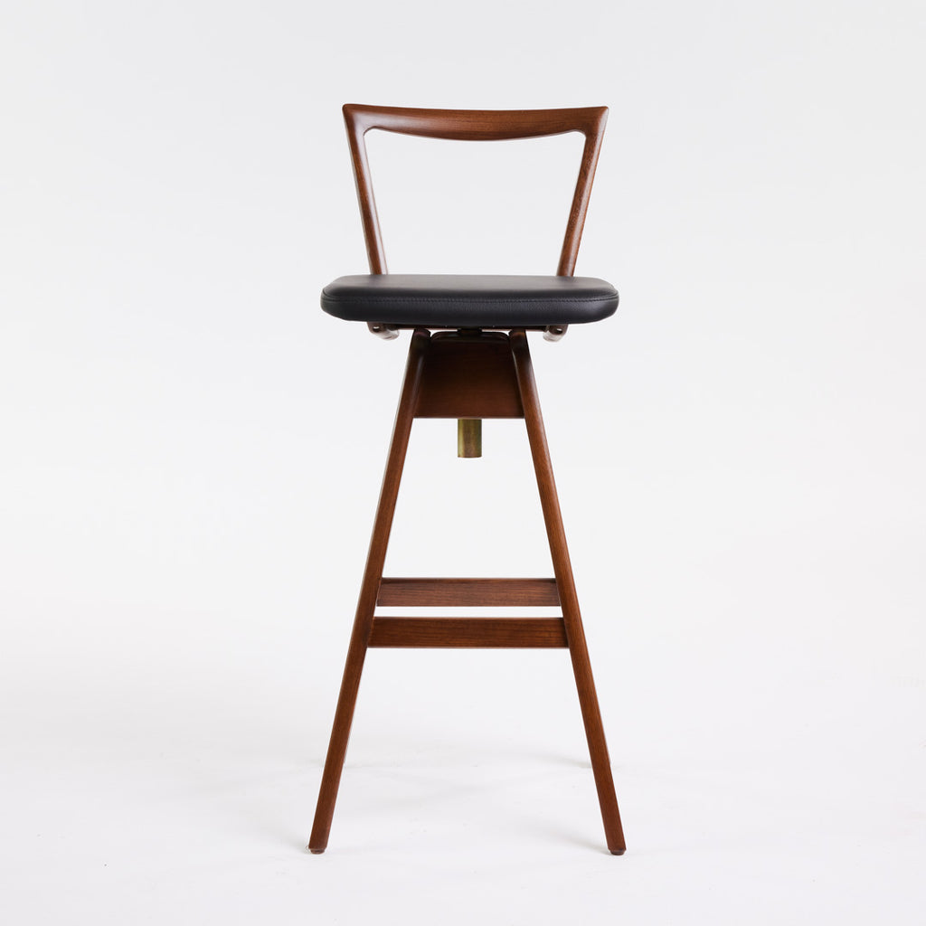 TH Brown Danish Bar Stool in Dark Ash with black leather upholstery, iconic Australian mid-century modern furniture handcrafted in Adelaide