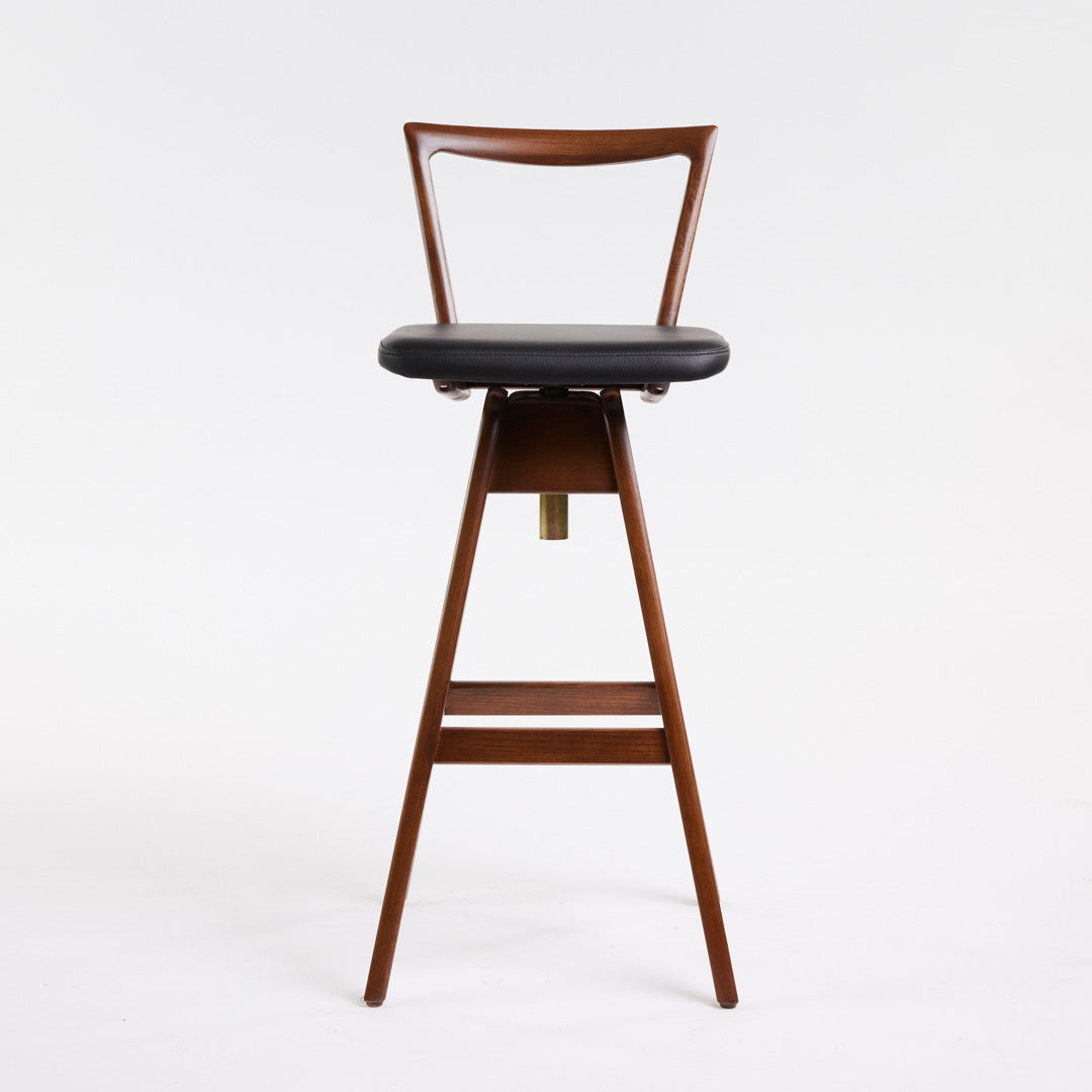 TH Brown Danish Bar Stool in Dark Ash with black leather upholstery, iconic Australian mid-century modern furniture handcrafted in Adelaide