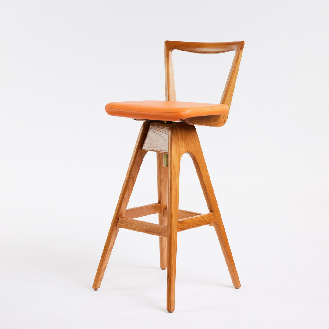 TH Brown Danish Bar Stool in Teak with Calypso Orange upholstery, handcrafted furniture made in Adelaide, Australia