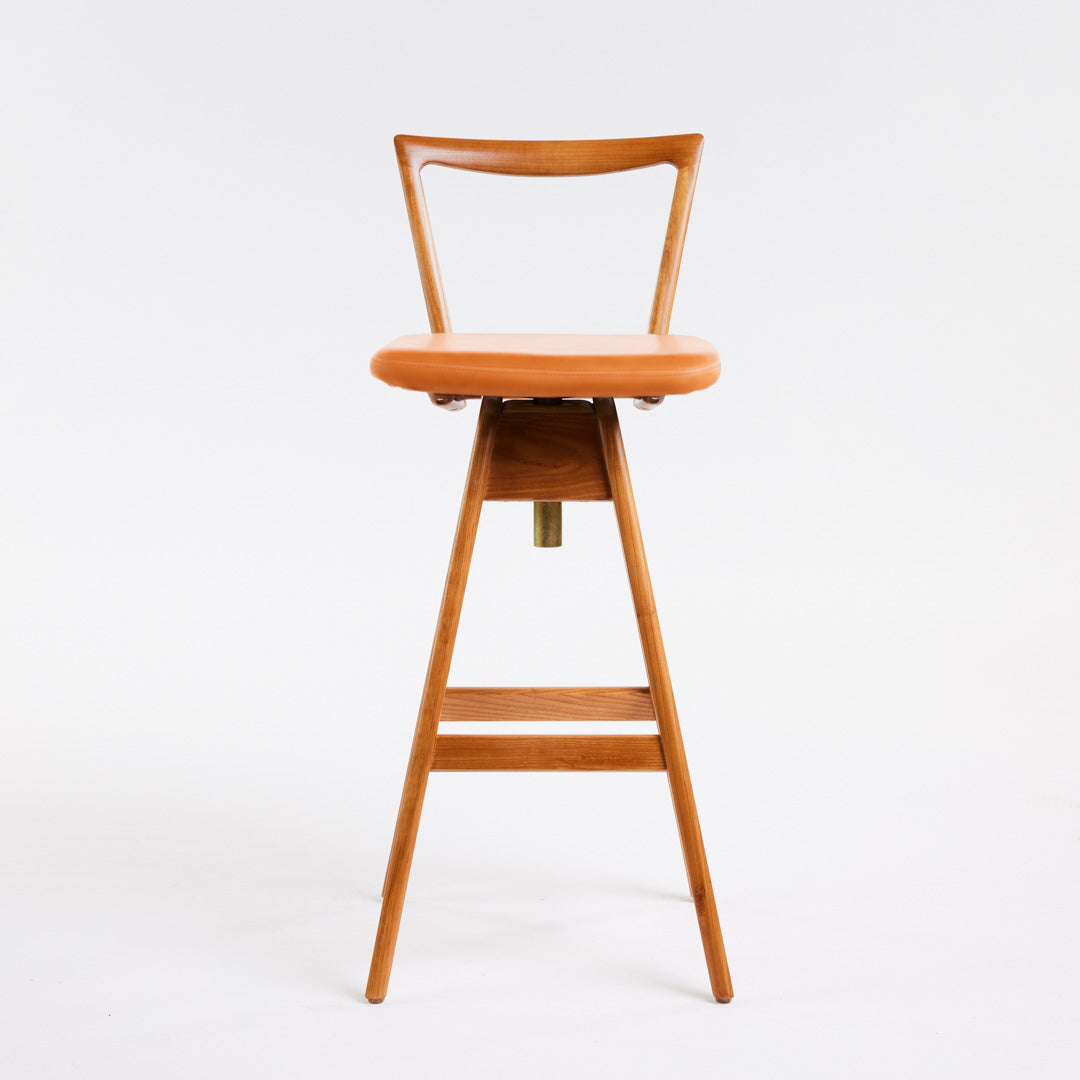 TH Brown Danish Bar Stool in Teak with Calypso Orange upholstery, handcrafted furniture made in Adelaide, Australia