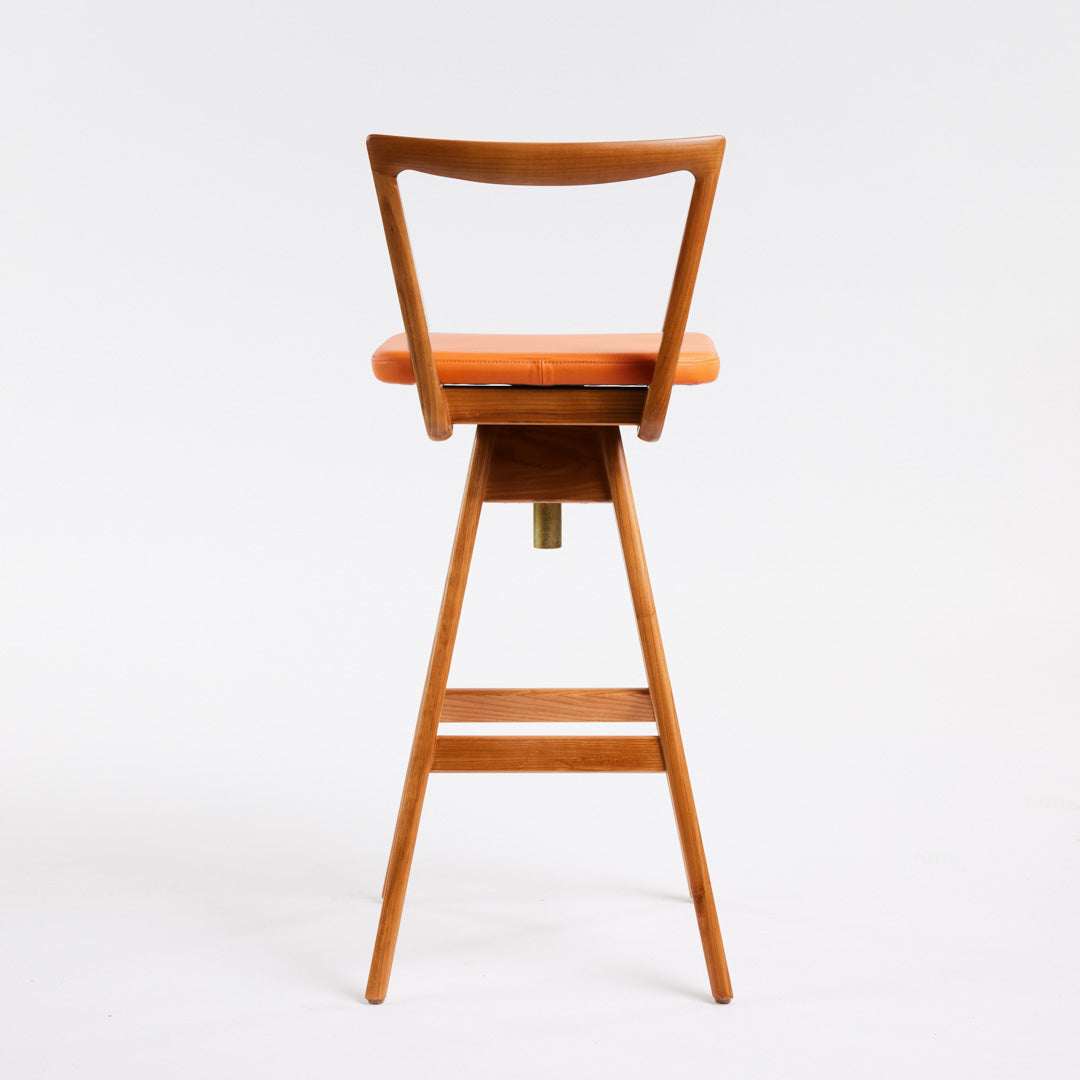 TH Brown Danish Bar Stool in Teak with Calypso Orange upholstery, handcrafted furniture made in Adelaide, Australia