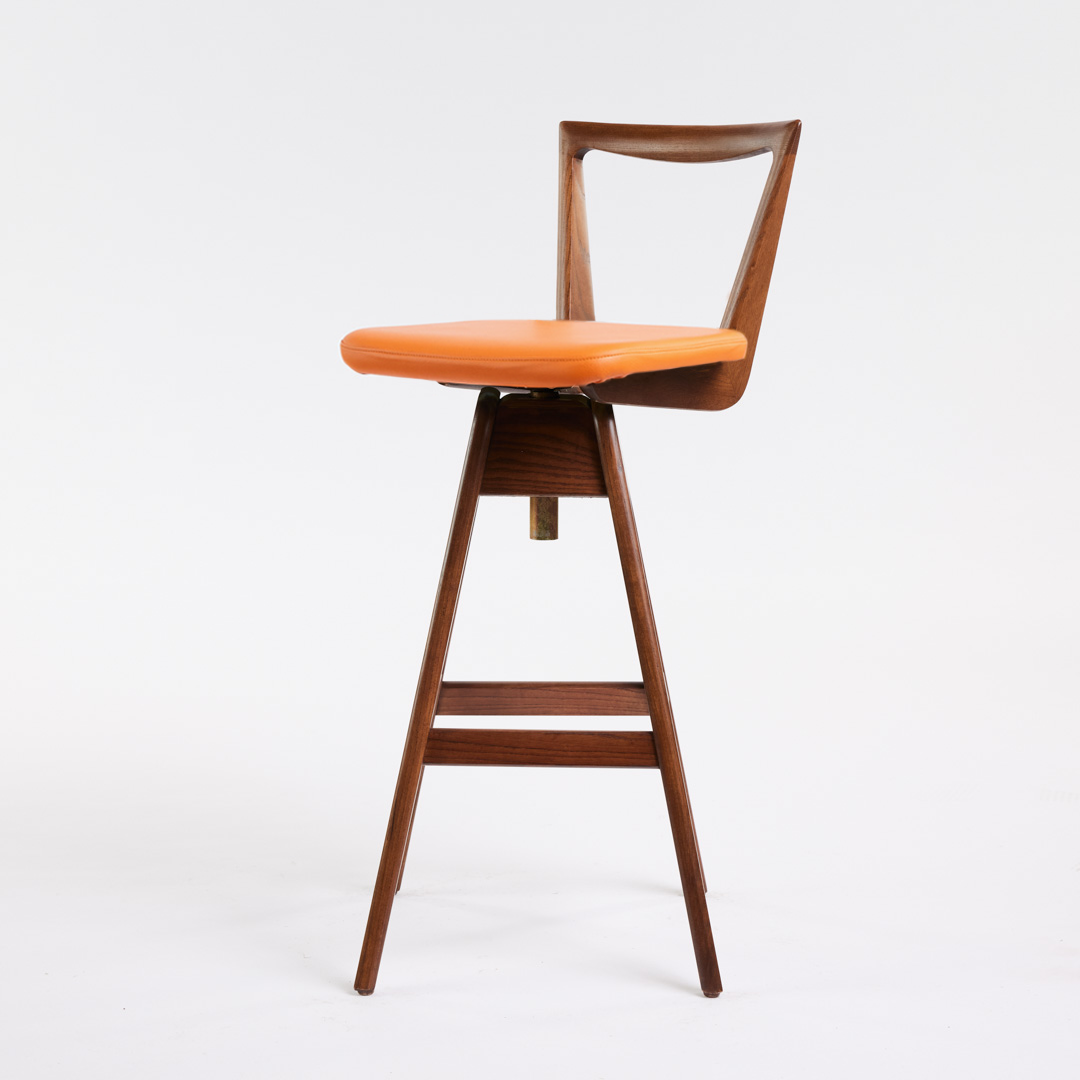 TH Brown Danish Bar Stool in Dark Ash with Calypso Orange upholstery, iconic Australian mid-century modern furniture handcrafted in Adelaide