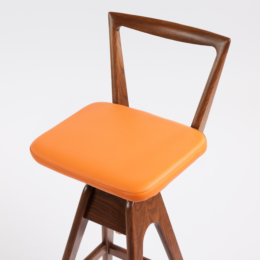 TH Brown Danish Bar Stool in Dark Ash with Calypso Orange upholstery, iconic Australian mid-century modern furniture handcrafted in Adelaide