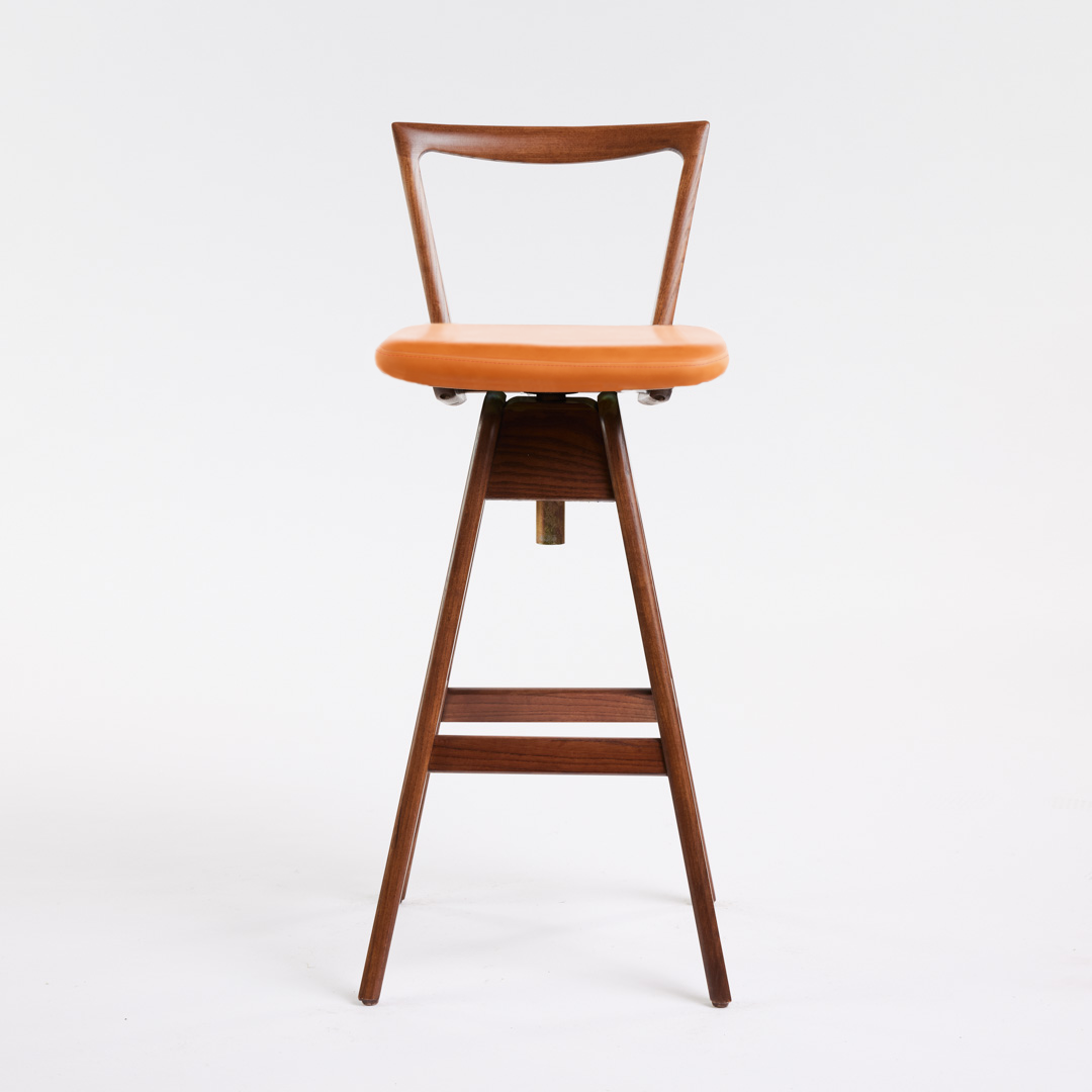 TH Brown Danish Bar Stool in Dark Ash with Calypso Orange upholstery, iconic Australian mid-century modern furniture handcrafted in Adelaide