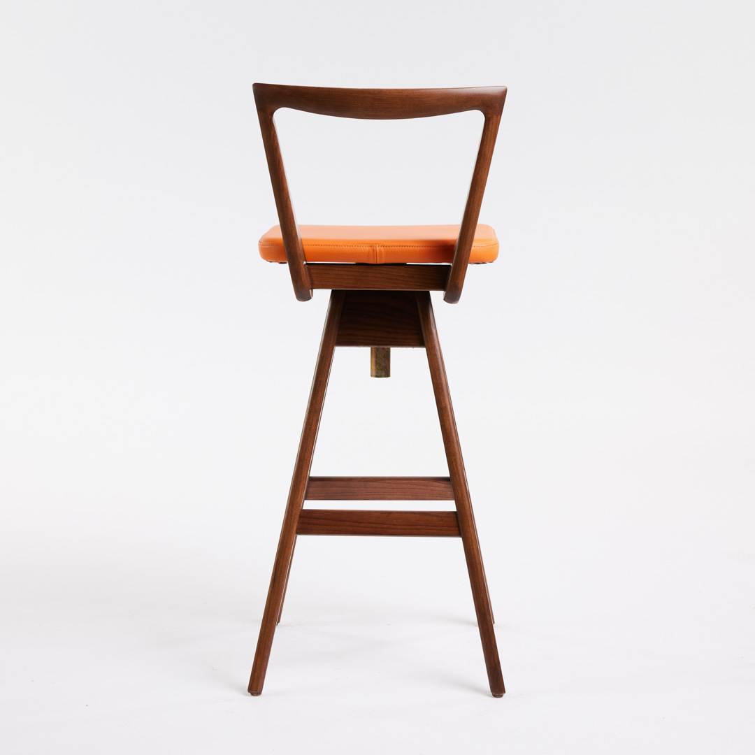 TH Brown Danish Bar Stool in Dark Ash with Calypso Orange upholstery, iconic Australian mid-century modern furniture handcrafted in Adelaide