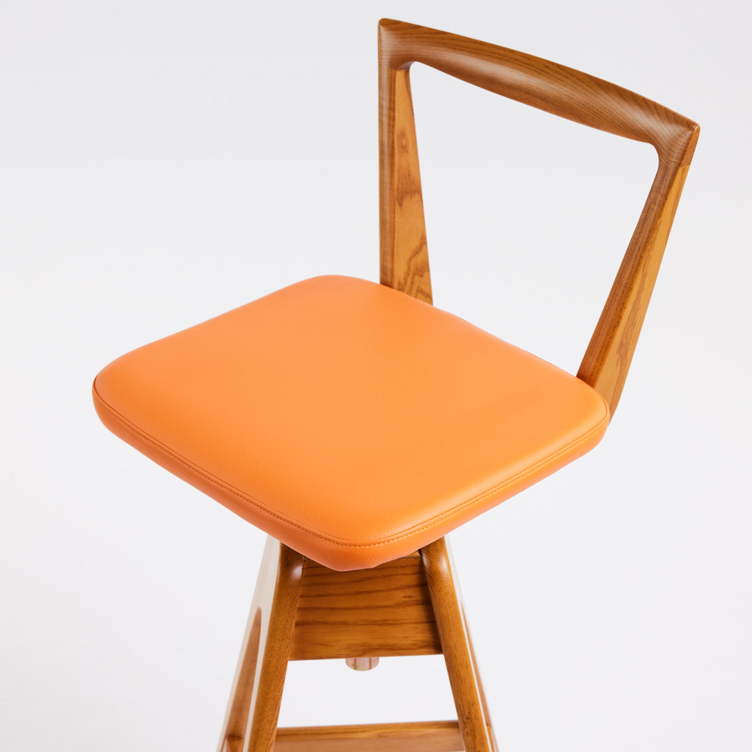 TH Brown Danish Bar Stool in Light Ash with Calypso Orange upholstery, handcrafted Australian furniture made in Adelaide