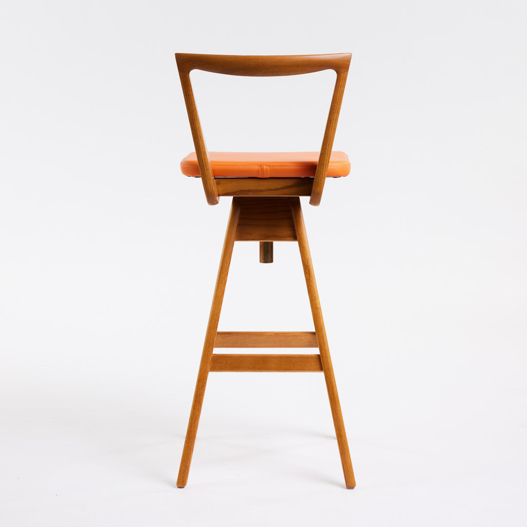 TH Brown Danish Bar Stool in Light Ash with Calypso Orange upholstery, handcrafted Australian furniture made in Adelaide