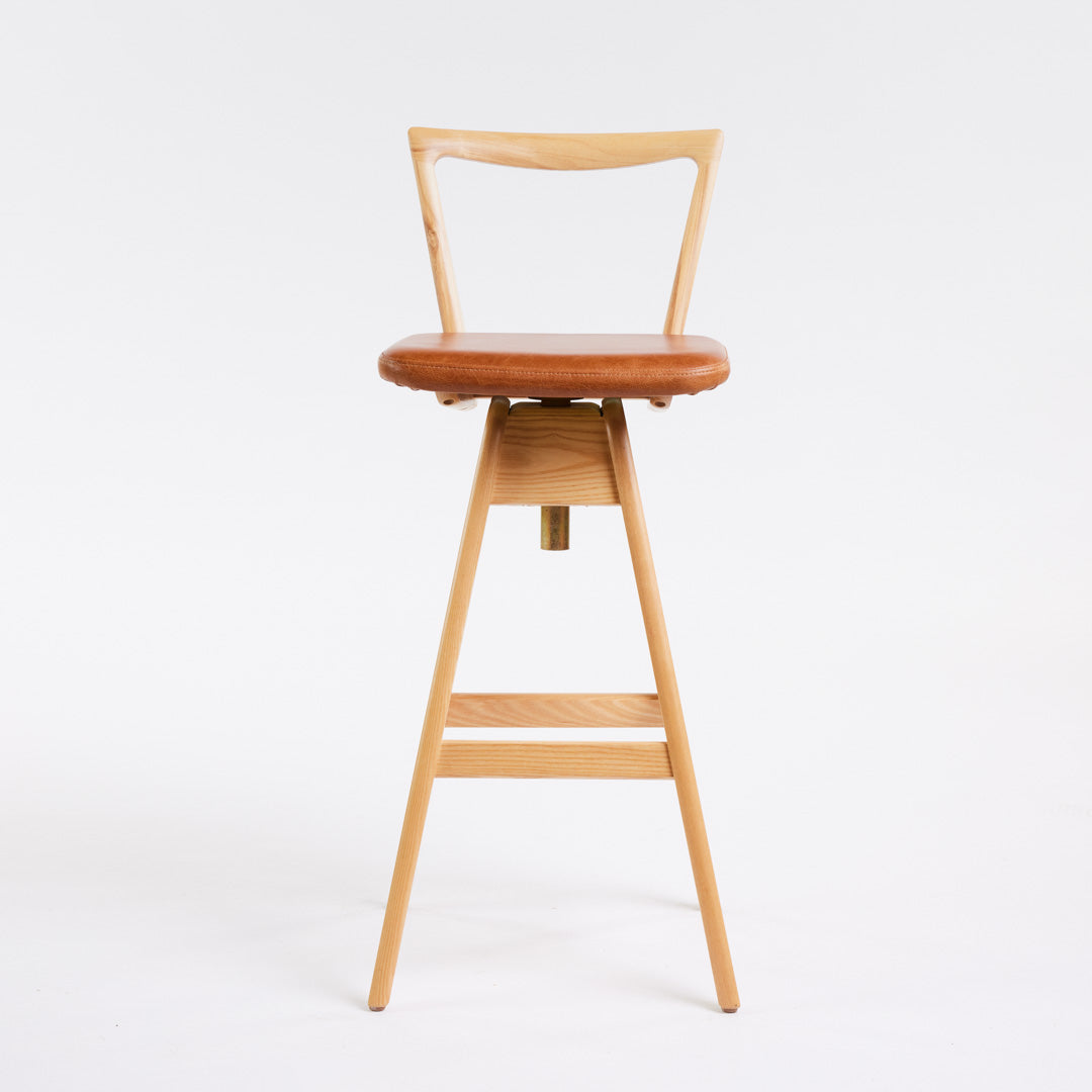 TH Brown Danish Bar Stool in Clear Ash with Calypso Orange upholstery, handcrafted Australian furniture made in Adelaide
