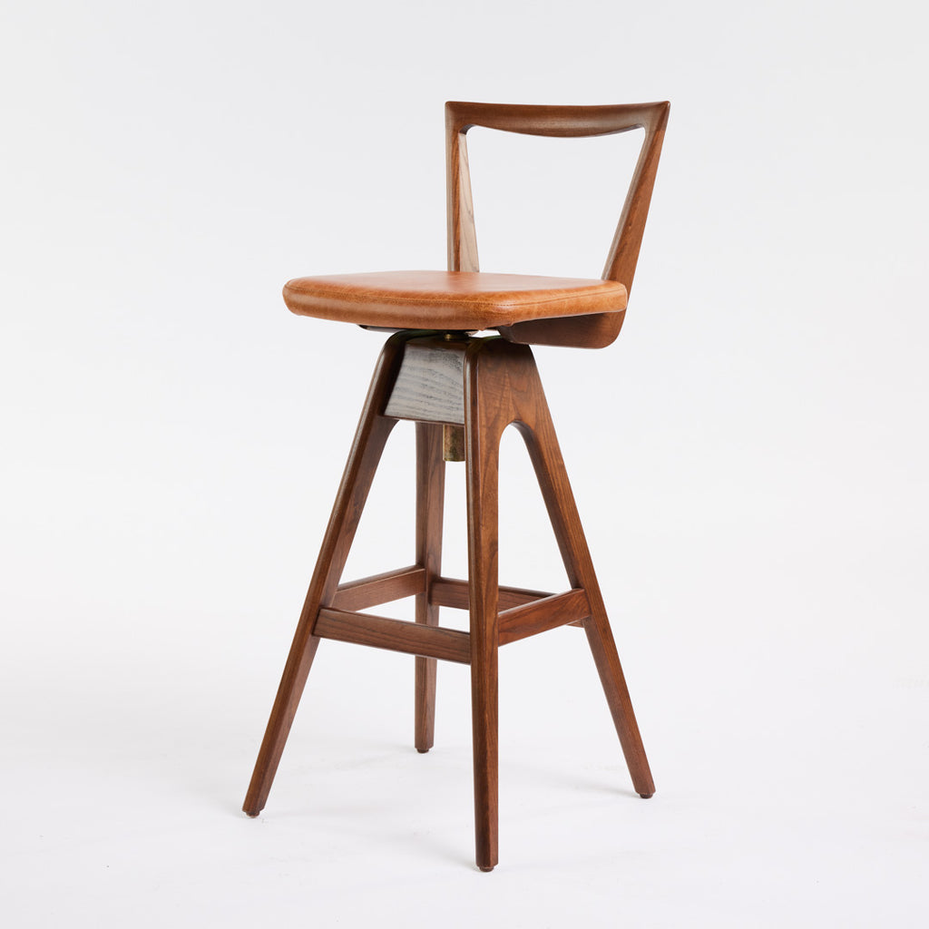 TH Brown Danish Bar Stool in Dark Ash with Oak Brown upholstery, iconic Australian mid-century modern furniture handcrafted in Adelaide