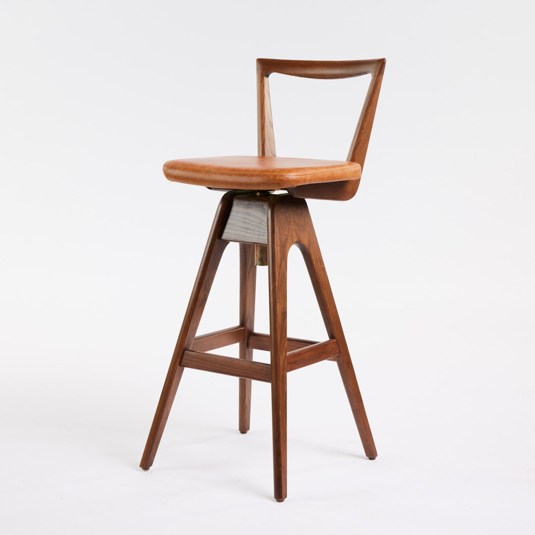 TH Brown Danish Bar Stool in Dark Ash with Oak Brown upholstery, iconic Australian mid-century modern furniture handcrafted in Adelaide
