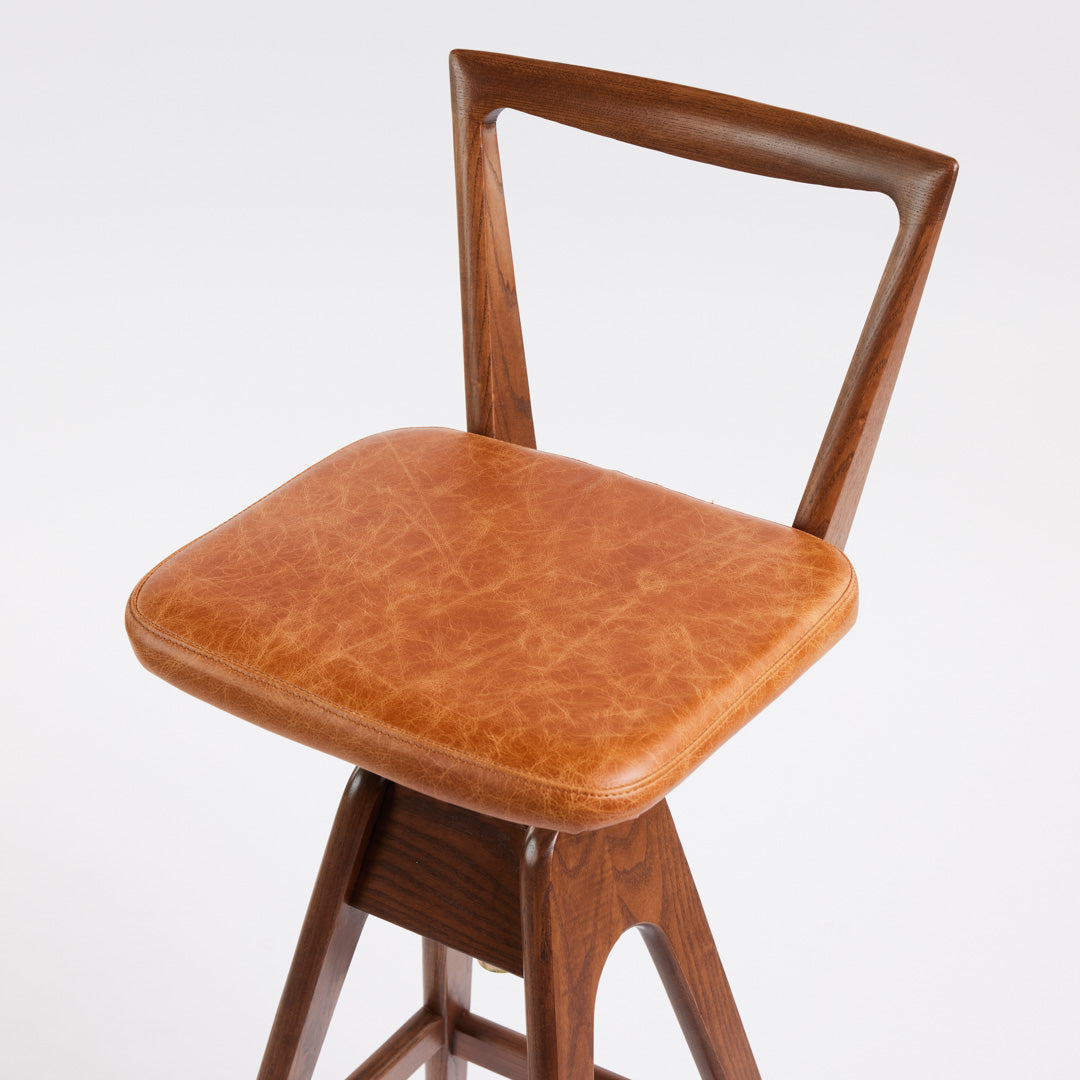 TH Brown Danish Bar Stool in Dark Ash with Oak Brown upholstery, iconic Australian mid-century modern furniture handcrafted in Adelaide