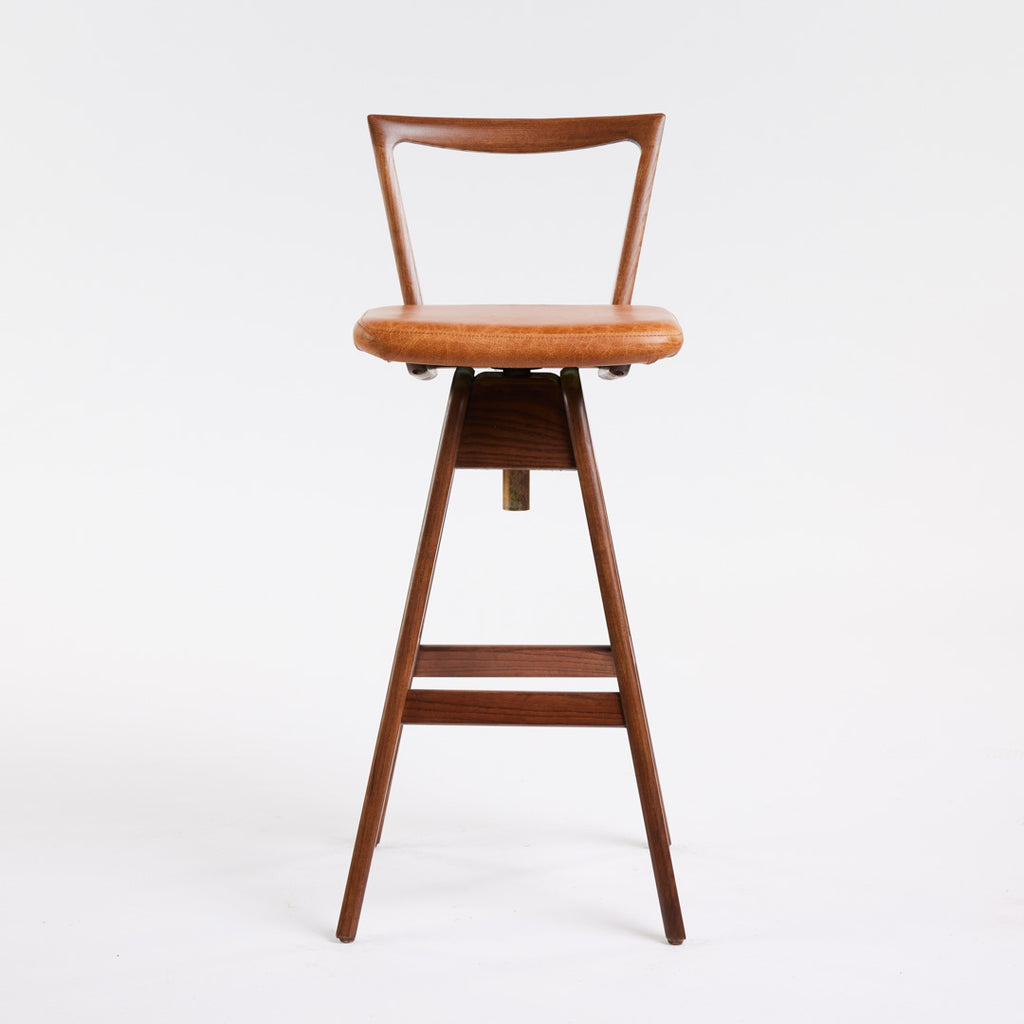 TH Brown Danish Bar Stool in Dark Ash with Oak Brown leather upholstery, iconic Australian mid-century modern furniture handcrafted in Adelaide